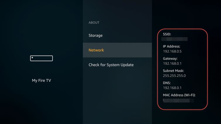 Fire TV Stick - Informations réseau (Adresse IP, Passerelle)